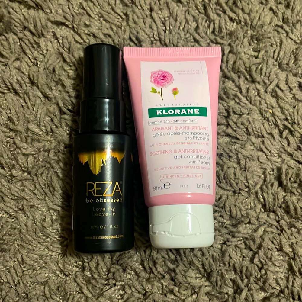 Mini Reza leave in spray and Klorane mini gel conditioner with peony